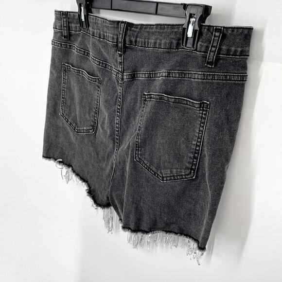 Black Stonewash Sequin Fringe Rhinestone Pearl Beads Shorts Sz XXL Stretch Denim - Picture 8 of 12